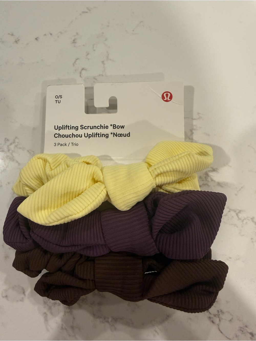 NWT Lululemon Uplifting Scrunchie Bow 3-Pack - Yellow, Purple, Brown